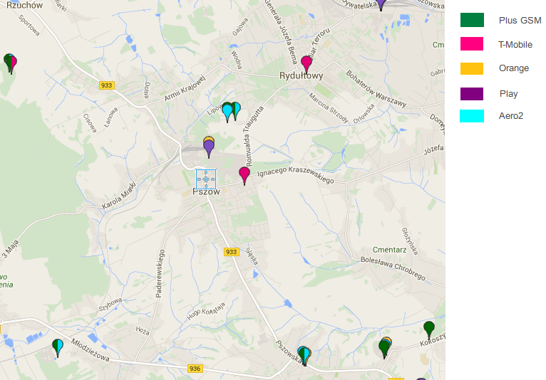 Rysunek 8. Lokalizacja stacji bazowych telefonii komórkowej na terenie Gminy Miasta Pszów. Źródło: www.btsearch.