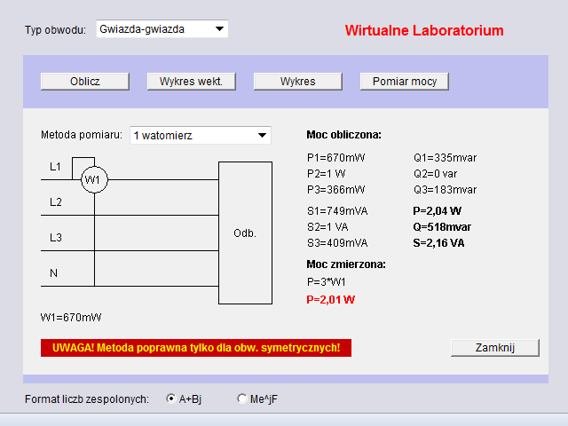 Laboratorium Wirtualne Obwodów w Stanach stalonych i ieustalonych Rys. 0. Okno prezentujące wykres czasowy z grupowaniem według sygnałów Rysunek przedstawia panel do pomiaru mocy w obwodzie.