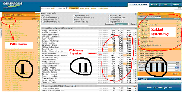W sekcji I [lewa strona] wybieramy rodzaj dyscypliny sportowej, w której chcemy obstawić zakłady. W powyższym przypadku została wybrana piłka nożna.