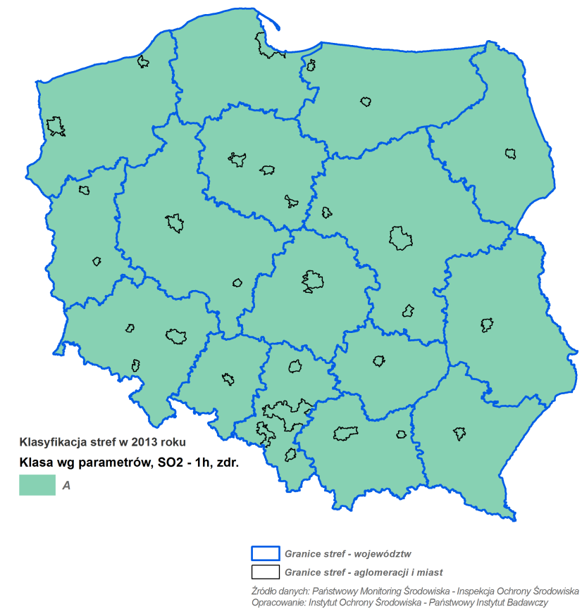 Tabela 3.1.2. Liczba stref dla SO2 zaliczonych do określonych klas dla poszczególnych czasów uśredniania stężeń (klasa wg parametrów, ochrona zdrowia) w poszczególnych województwach w 2013 r.