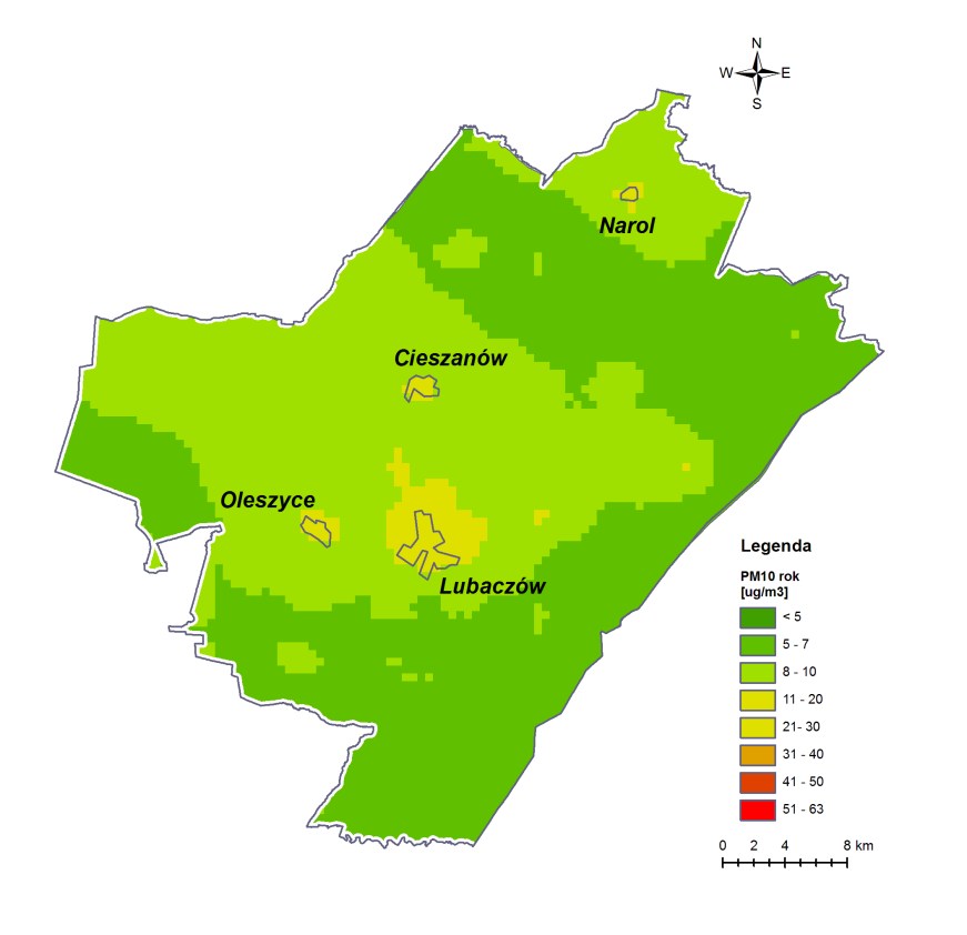 Rys. 2.2.7. Rozkład stężeń średniorocznych pyłu zawieszonego PM10 na terenie powiatu lubaczowskiego w 2014r. wyniki modelowania (źródło: [1x]) Rys. 2.2.8.