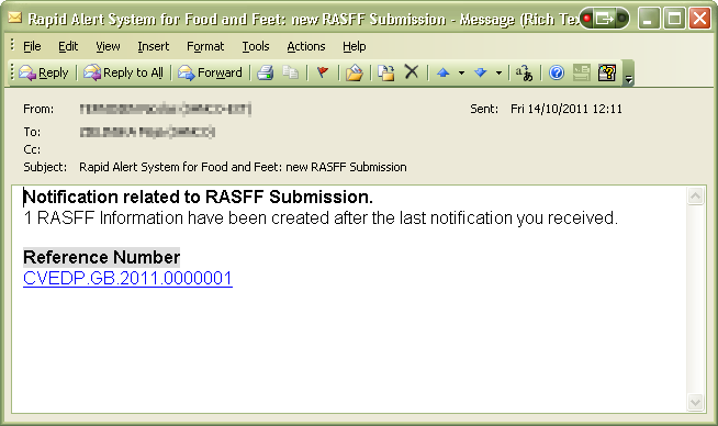 Informacja o nowo utworzonym powiadomieniu RASFF jest automatycznie
