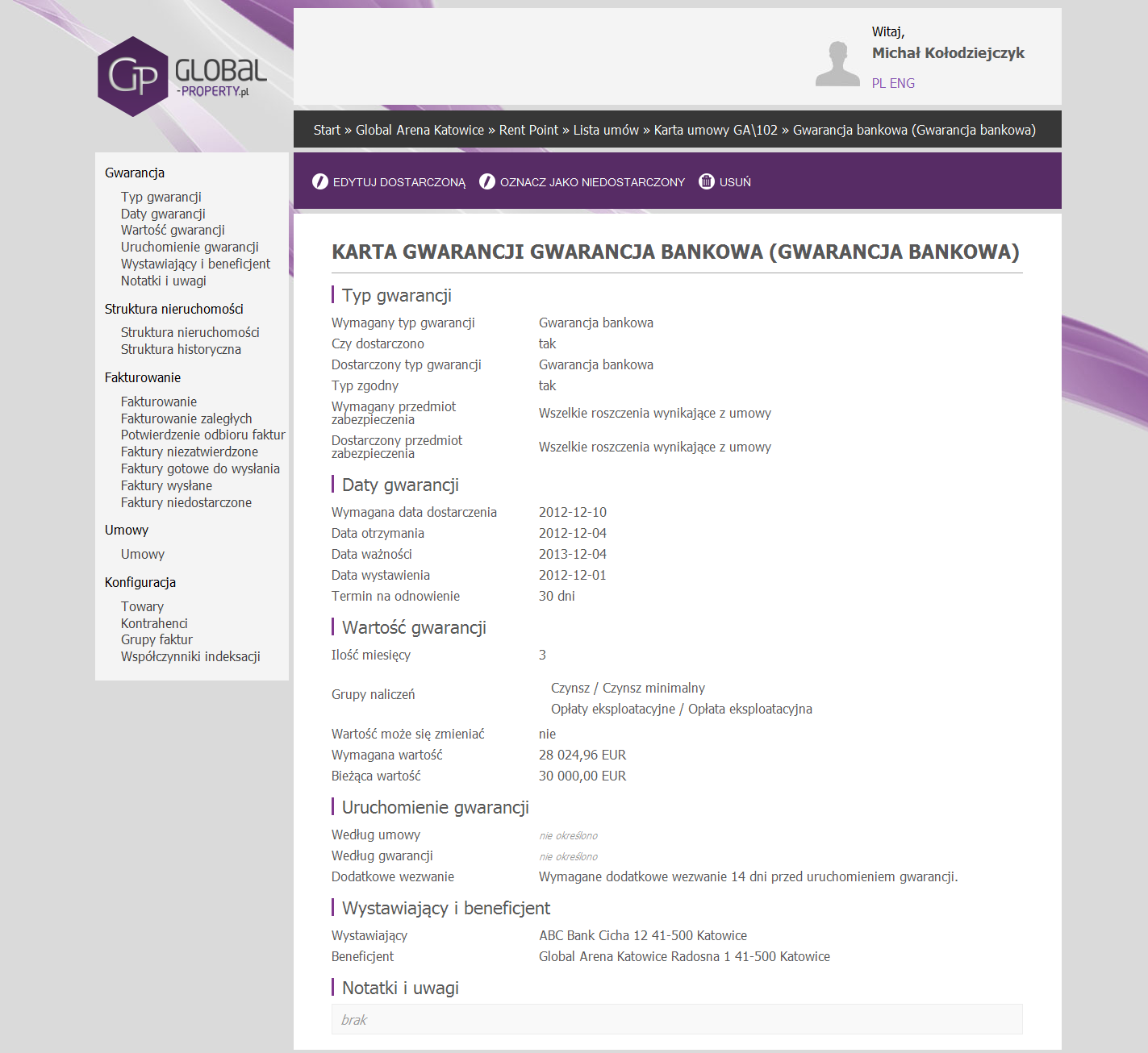 RENT POINT EWIDENCJA DOKUMENTÓW ewidencja i parametryzacja gwarancji, polis, kar umownych okresowe