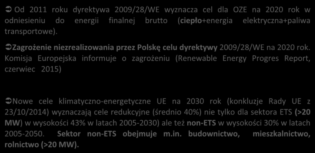 Unijne ramy rozwoju OZE do 2020 i do 2030 roku Problemy i uwarunkowania związane z wdrażaniem przepisów UE dotyczących OZE: Od 2011 roku dyrektywa 2009/28/WE wyznacza cel dla OZE na 2020 rok w