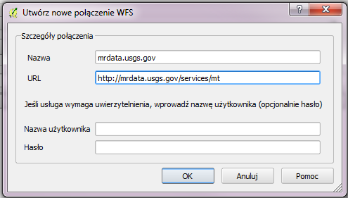 2) Z paska dostępnych narzędzi wybrać ikonę odpowiedzialną za Dodawanie Warstwy WFS. Rysunek 10 - Sygnatura - dodaj warstwę WFS. 3) Ustawienie parametrów konfiguracyjnych połączenia z usługą.