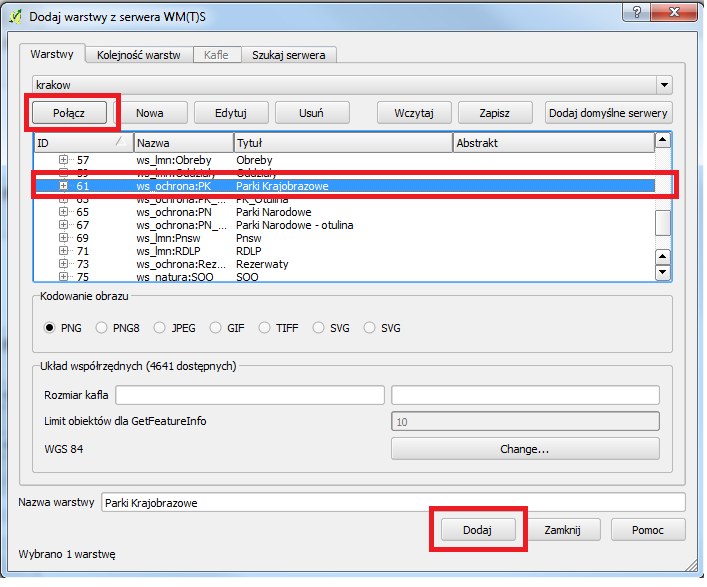 4) Nacisnąć przycisk Połącz i wybrać warstwę WMS o tytule Parki Krajobrazowe. Zatwierdzić przyciskiem Dodaj.