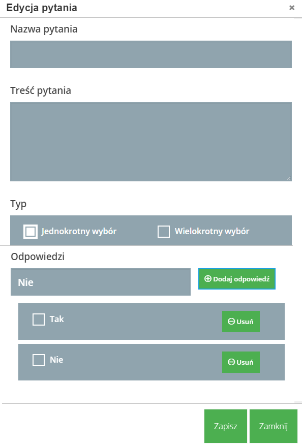 kliknąć przycisk Zapisz pytanie zostanie automatycznie dodane we wskazanej sekcji.