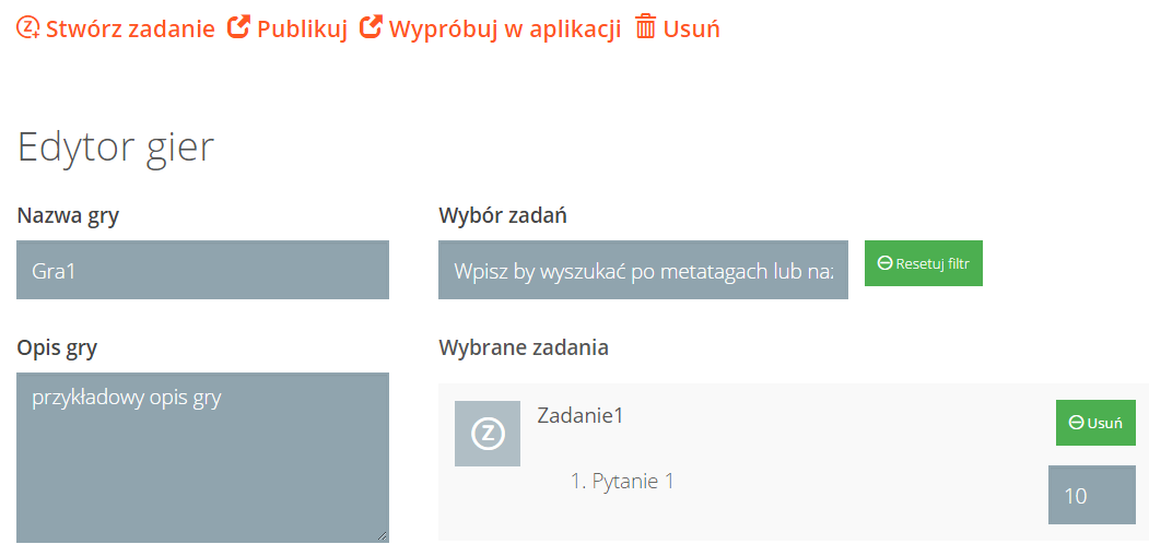 4.3.3. Szczegóły gry Po wybraniu gry na liście gier automatycznie wyświetlony zostanie ekran ze szczegółami gry, umożliwiający: edycję gry, stworzenie zadania w taki sam sposób jak opisano w