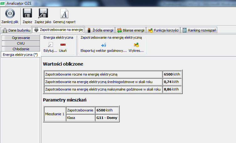 Rys. 3.2.4.4 Wyniki obliczeń zapotrzebowania energii elektrycznej Naciśnięcie przycisku w polu Energia elektryczna spowoduje ponowne przejście do trybu wprowadzania danych, a przycisku ich usunięcie.