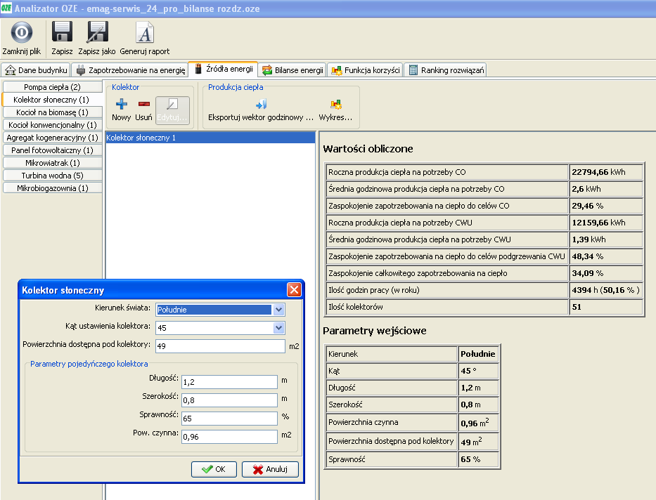 Rys. 3.3.2.6 Edycja i podgląd wprowadzonych danych dla analizowanej instalacji z kolektorami słonecznymi 3.3.3 Zakładka: Kocioł na biomasę Analiza energetyczna w przypadku zastosowania kotła na biomasę określa godzinową produkcję ciepła oraz roczne zapotrzebowanie na biomasę.