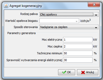 3.3.5 Zakładka: Agregat kogeneracyjny W celu zdefiniowania w programie agregatu kogeneracyjnego należy w module Źródła energii wybrać zakładkę Agregat kogeneracyjny oraz nacisnąć przycisk Kogenerator