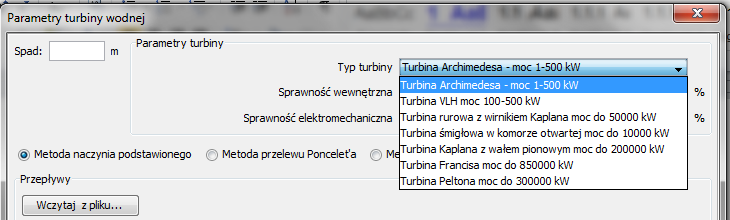 W oknie należy podać wysokość spadu cieku w metrach oraz parametry zastosowanej turbiny; jej typ i sprawności wewnętrzną oraz elektromechaniczną.