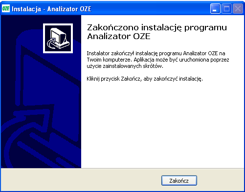 Rys. 1.3 Instalacja programu AnalizatorOZE Użytkownik jest informowany o pomyślnym zakończeniu procesu instalacji.