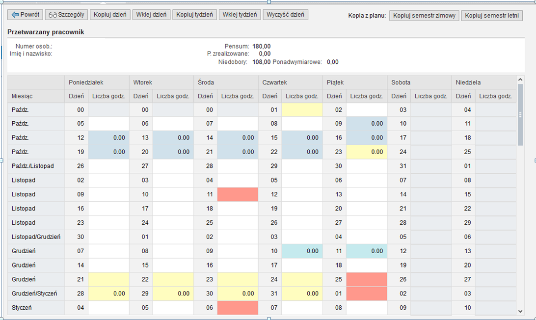 Istnieje możliwość skopiowania godzin z I semestru oraz