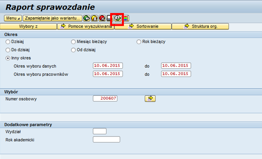 Otwiera się nowe okno z ekranem selekcji generowania raportu na którym należy wcisnąć przycisk Wykonanie (F8) Otwiera się dokument w formie pliku excela do wydruku.