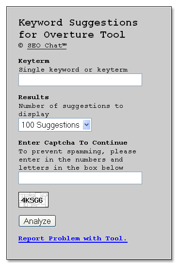 Rysunek 2 Keyword Suggestions for Overture Tool. Źródło: Opracowanie własne na podstawie [http://www.seochat.