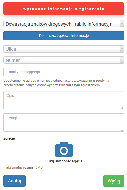 W menu tym możliwe jest podanie danych szczegółowych dot. Zgłoszenia np. Adresu, dodatkowych notatek czy uwag zgłaszajacego oraz dodanie zdjęcia zgłaszanego problemu.