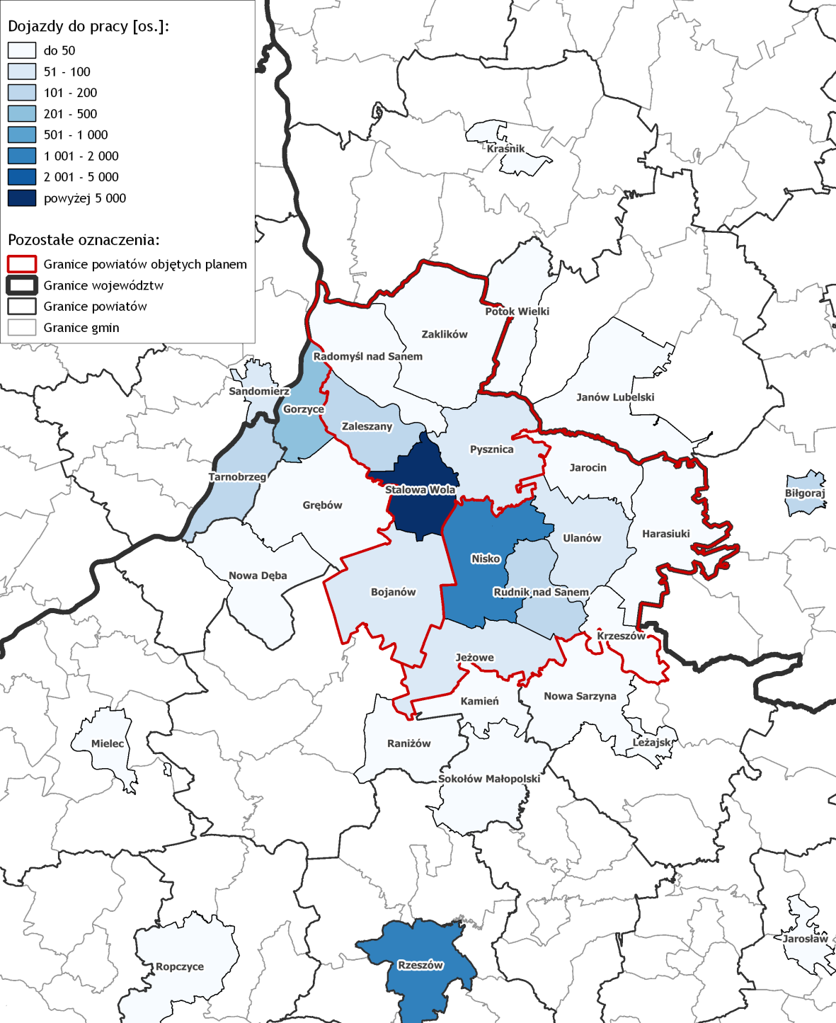 Mapa 3. Dojazdy do pracy mieszkańców gmin analizowanego obszaru Źródło: opracowanie własne na podstawie dokumentu "Dojazdy do pracy.