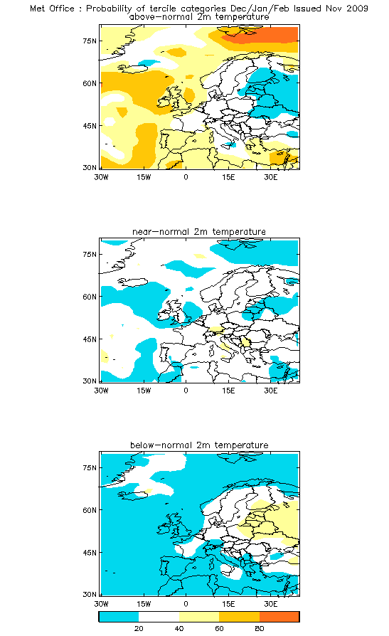 Probabilistyczna prognoza - trzy kategorie (Żródło: MetOffice) Z tej prognozy wyczytać możemy bardziej szczegółowe informacje: Szanse na zimę ciepłą wynoszą od około 20% na wschodnich krańcach