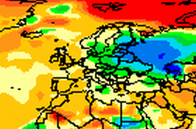 Średnie z wiązek - rejon Europy. (Źródło: MetOffice) Jak widać izoterma 0 (zmiana koloru z żółtego na zielony) przechodzi przez Niemcy. W Polsce wspomniane średnie wahają się od około -0.