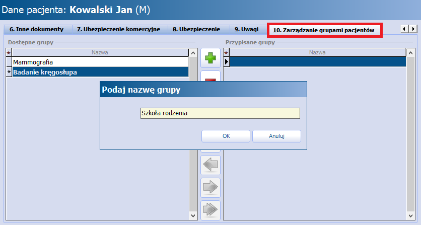 Konfiguracja modułu Kolejnym krokiem jest przejście na zakładkę 9/10. Zarządzanie grupam i pacjentów, gdzie dokonuje się przypisania pacjenta do odpowiedniej grupy marketingowej.