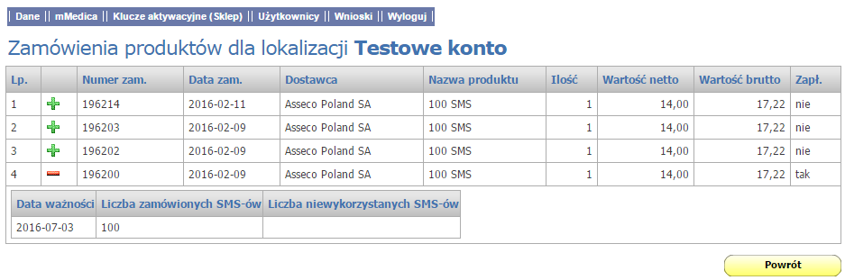 Zamówienie puli SMS pulę sms-ów, należy wybrać przycisk. Otwarte zostanie okno Zam ów ienie produktu, umożliwiając zamówienie puli SMS, jak zostało to opisane powyżej.