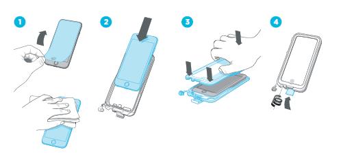 Instalacja obudowy 1. Jeśli na ekranie telefonu znajduje się folia ochronna, zdejmij ją i wyczyść urządzenie za pomocą dołączonej szmatki. 2.