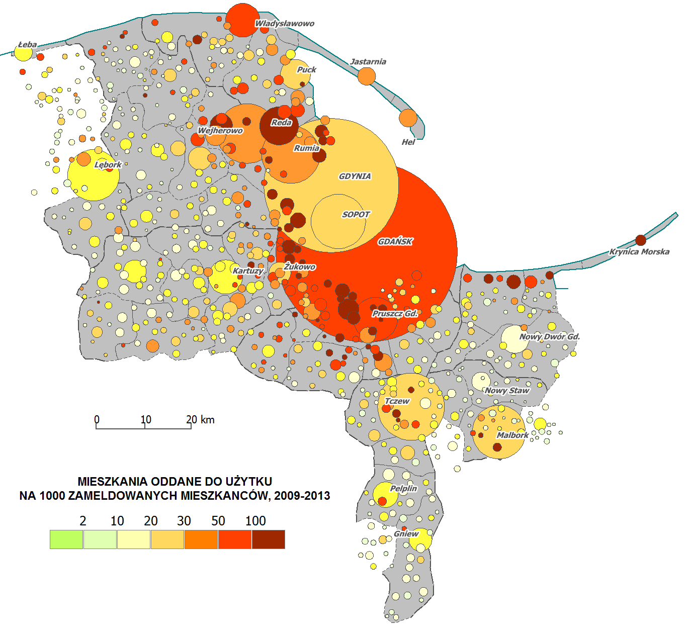 Ryc. 5. Mieszkania oddane do użytku w latach 2009-2013 według miejscowości statystycznych. Źródło: według danych GUS (Bank Danych Lokalnych, moduł Miejscowości ).