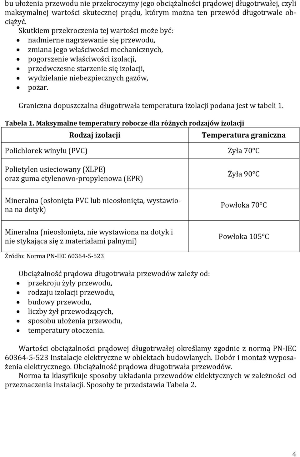 wydzielanie niebezpiecznych gazów, pożar. Graniczna dopuszczalna długotrwała temperatura izolacji podana jest w tabeli 1. Tabela 1.