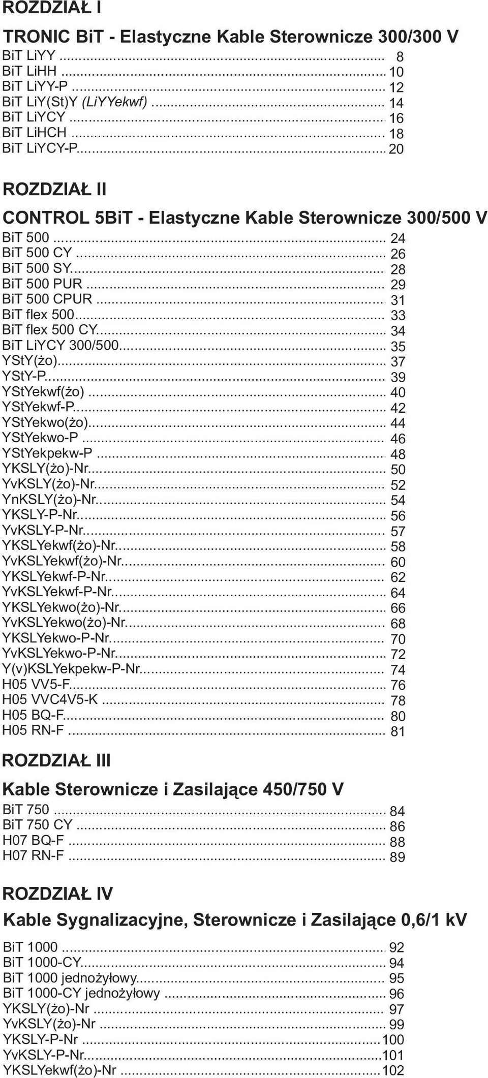 .. 34 BiT LiYCY 300/500... 35 YStY(żo)... 37 YStY-P... 39 YStYekwf(żo)... 40 YStYekwf-P... 4 YStYekwo(żo)... 44 YStYekwo-P... 46 YStYekpekw-P... 48 YKSLY(żo)-Nr... 50 YvKSLY(żo)-Nr... 5 YnKSLY(żo)-Nr.