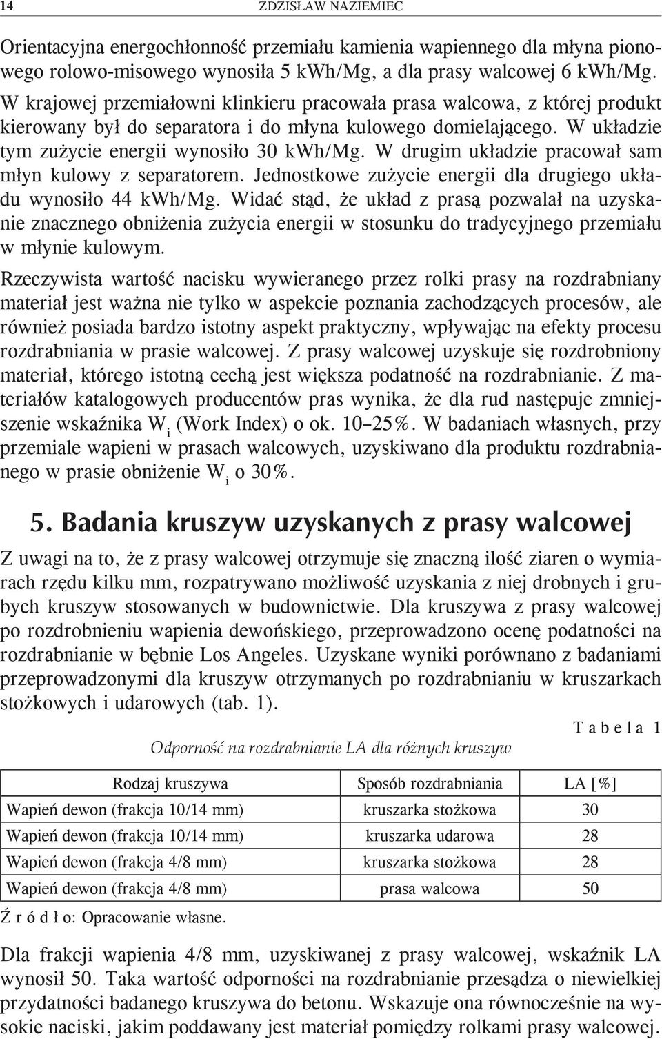 W drugim układzie pracował sam młyn kulowy z separatorem. Jednostkowe zużycie energii dla drugiego układu wynosiło 44 kwh/mg.