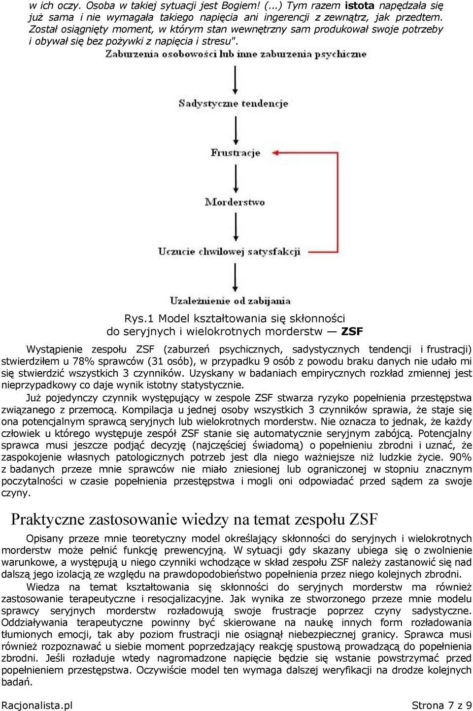 1 Model kształtowania się skłonności do seryjnych i wielokrotnych morderstw ZSF Wystąpienie zespołu ZSF (zaburzeń psychicznych, sadystycznych tendencji i frustracji) stwierdziłem u 78% sprawców (31