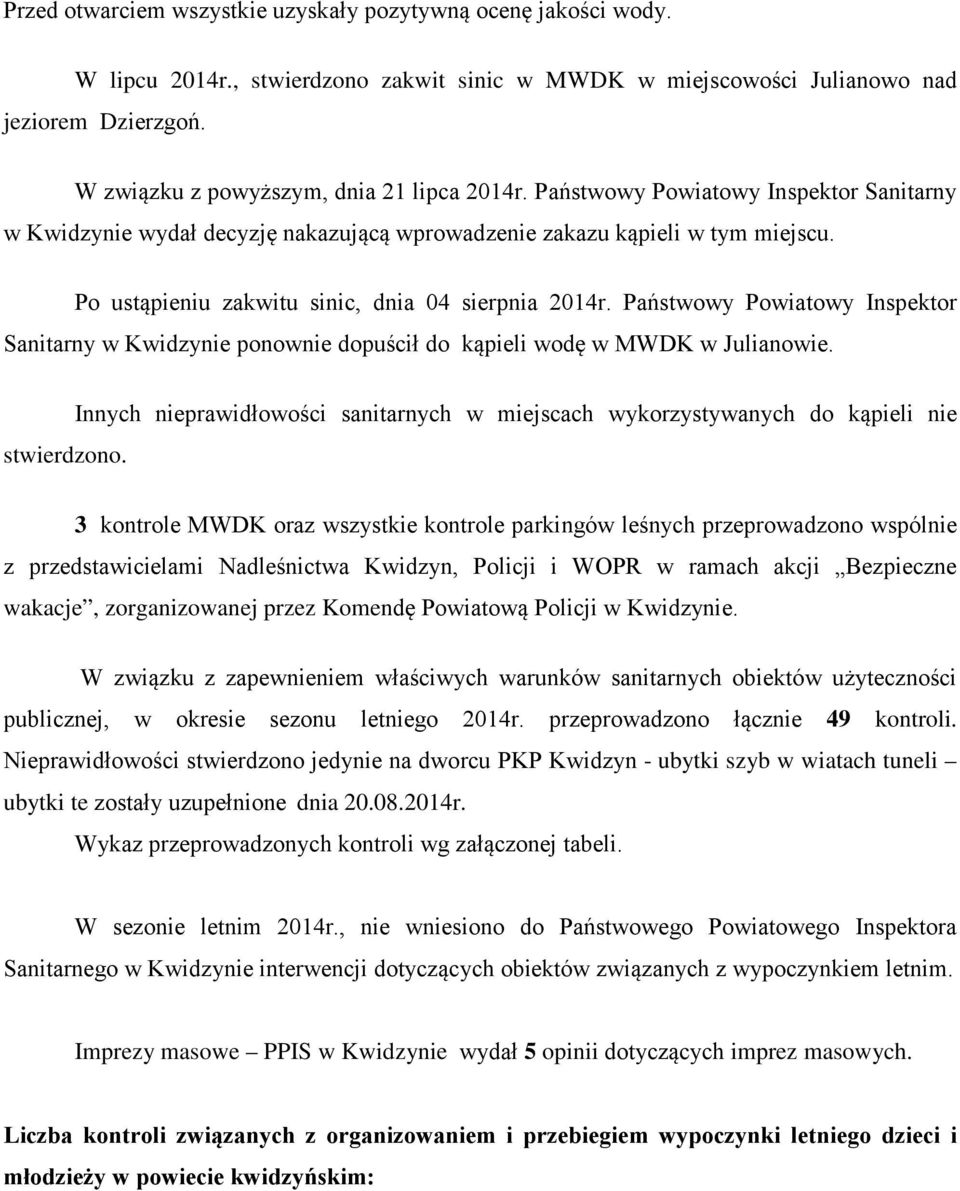 Po ustąpieniu zakwitu sinic, dnia 04 sierpnia 2014r. Państwowy Powiatowy Inspektor Sanitarny w Kwidzynie ponownie dopuścił do kąpieli wodę w MWDK w Julianowie. stwierdzono.