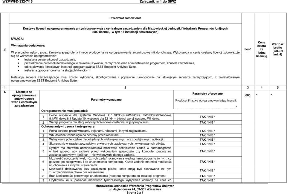 UWAGA: Wymagania dodatkowe: W przypadku wyboru przez Zamawiającego oferty innego producenta na oprogramowanie antywirusowe niż dotychczas, Wykonawca w cenie dostawy licencji zobowiązuje się do