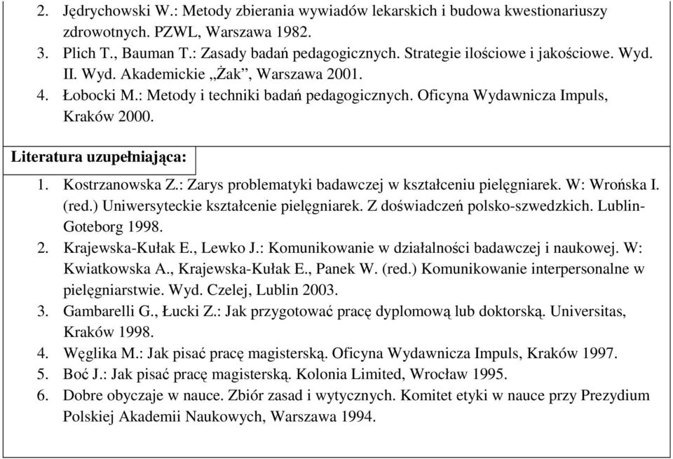 Literatura uzupełniająca: 1. Kostrzanowska Z.: Zarys problematyki badawczej w kształceniu pielęgniarek. W: Wrońska I. (red.) Uniwersyteckie kształcenie pielęgniarek. Z doświadczeń polsko-szwedzkich.