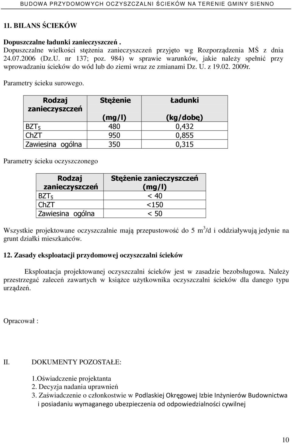Rodzaj zanieczyszczeń Stężenie Ładunki (mg/l) (kg/dobę) BZT 5 480 0,432 ChZT 950 0,855 Zawiesina ogólna 350 0,315 Parametry ścieku oczyszczonego Rodzaj zanieczyszczeń Stężenie zanieczyszczeń (mg/l)