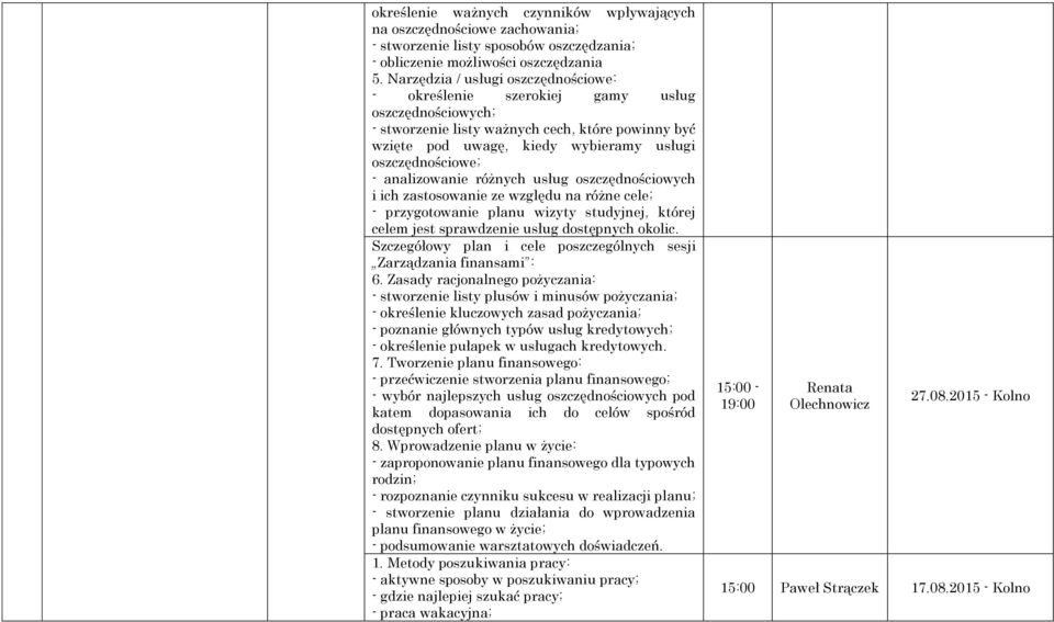 analizowanie różnych usług oszczędnościowych i ich zastosowanie ze względu na różne cele; - przygotowanie planu wizyty studyjnej, której celem jest sprawdzenie usług dostępnych okolic. 6.