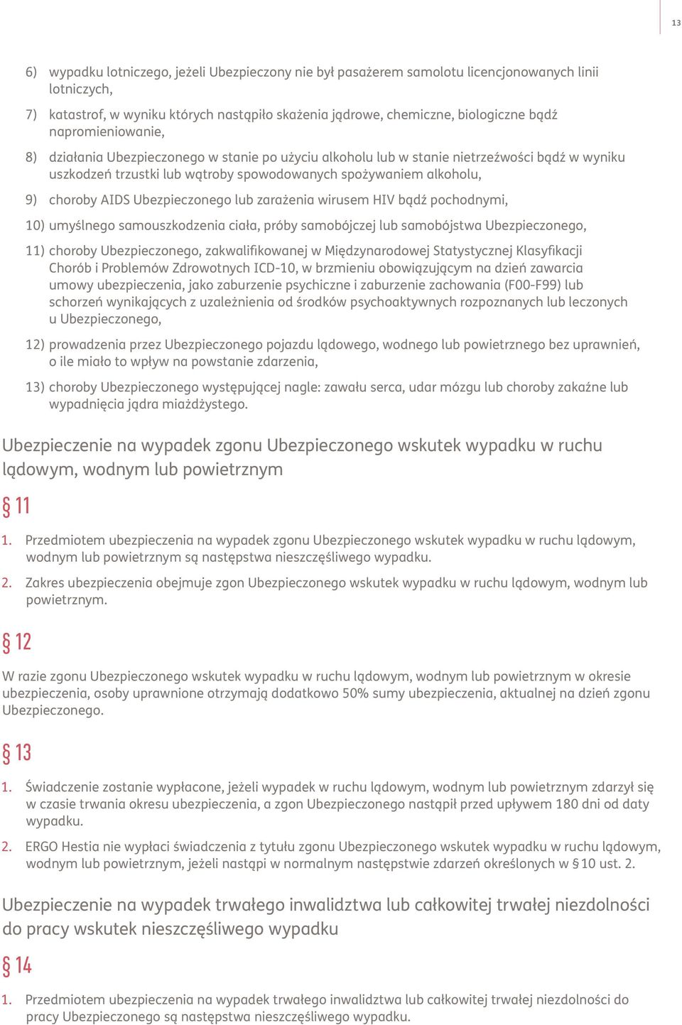 Ubezpieczonego lub zarażenia wirusem HIV bądź pochodnymi, 10) umyślnego samouszkodzenia ciała, próby samobójczej lub samobójstwa Ubezpieczonego, 11) choroby Ubezpieczonego, zakwalifikowanej w