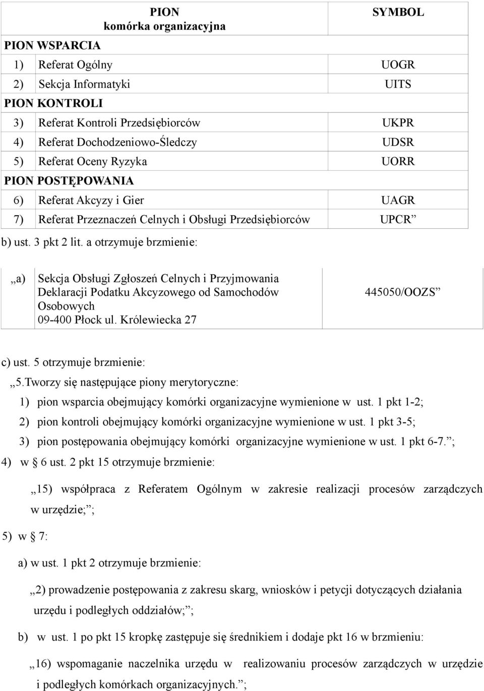 a otrzymuje brzmienie: a) Sekcja Obsługi Zgłoszeń Celnych i Przyjmowania Deklaracji Podatku Akcyzowego od Samochodów Osobowych 09-400 Płock ul. Królewiecka 27 445050/OOZS c) ust.