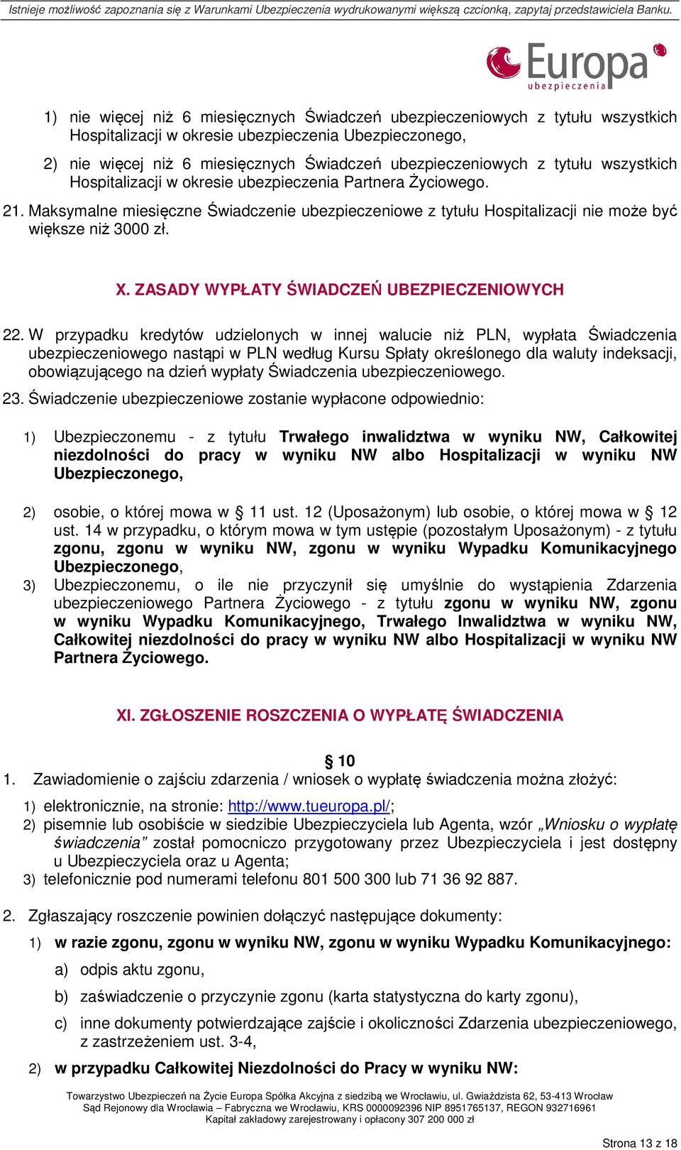 ZASADY WYPŁATY ŚWIADCZEŃ UBEZPIECZENIOWYCH 22.