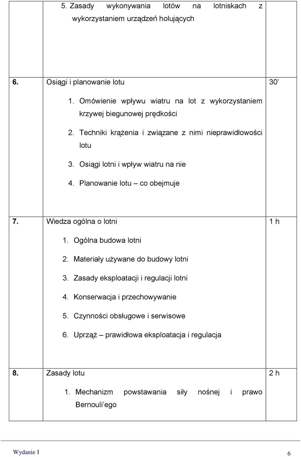 Osiągi lotni i wpływ wiatru na nie 4. Planowanie lotu co obejmuje 7. Wiedza ogólna o lotni 1 h 1. Ogólna budowa lotni 2. Materiały używane do budowy lotni 3.