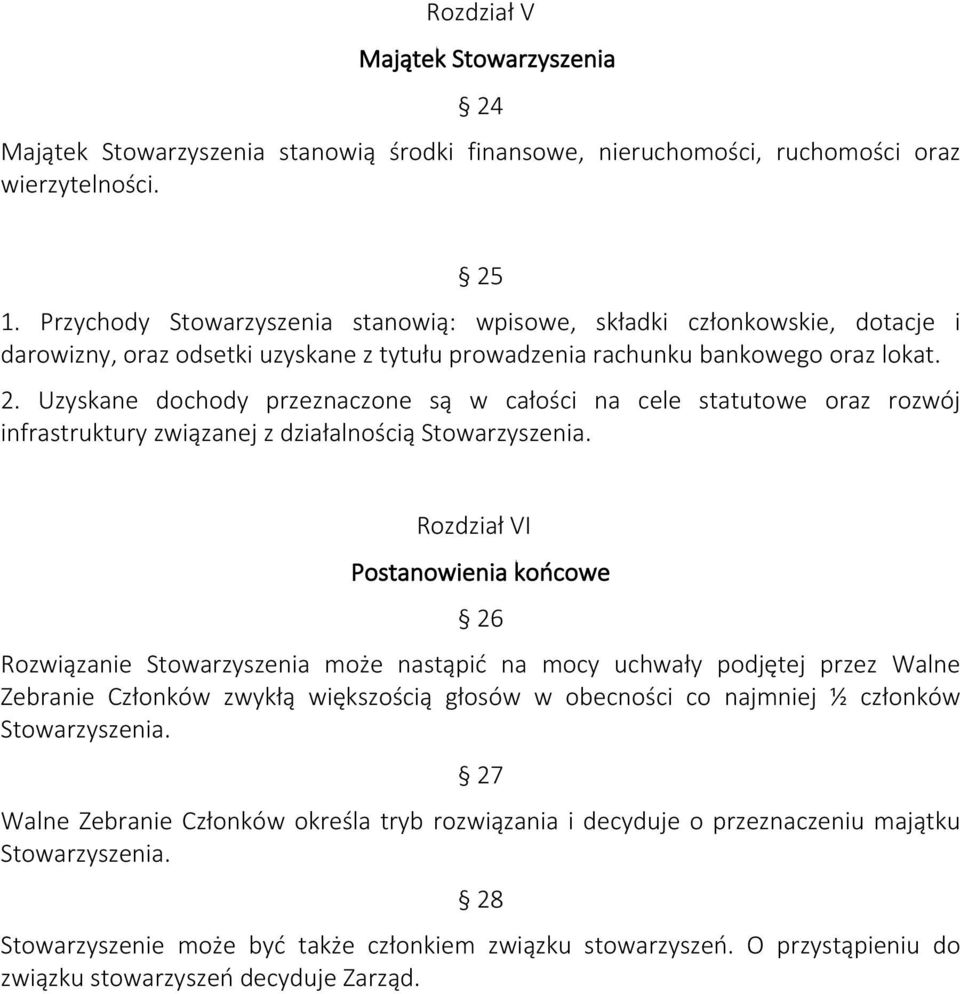 Uzyskane dochody przeznaczone są w całości na cele statutowe oraz rozwój infrastruktury związanej z działalnością Stowarzyszenia.