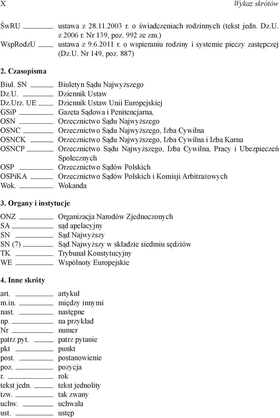 UE Dziennik Ustaw Unii Europejskiej GSiP Gazeta Sądowa i Penitencjarna, OSN Orzecznictwo Sądu Najwyższego OSNC Orzecznictwo Sądu Najwyższego, Izba Cywilna OSNCK Orzecznictwo Sądu Najwyższego, Izba