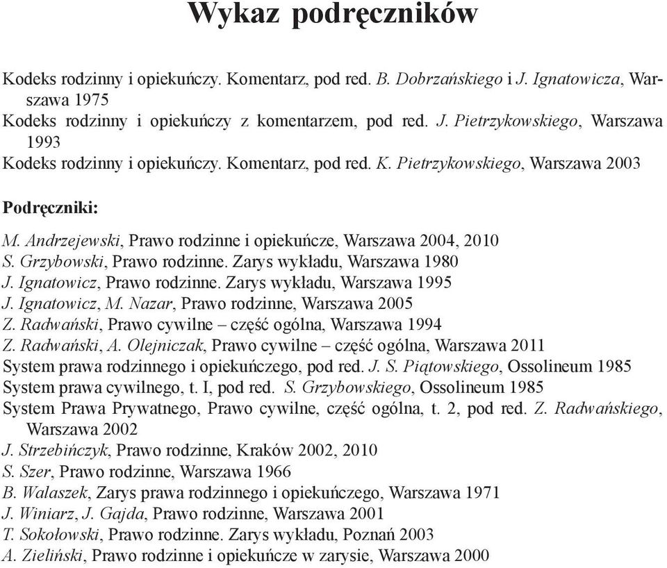 Ignatowicz, Prawo rodzinne. Zarys wykładu, Warszawa 1995 J. Ignatowicz, M. Nazar, Prawo rodzinne, Warszawa 2005 Z. Radwański, Prawo cywilne część ogólna, Warszawa 1994 Z. Radwański, A.