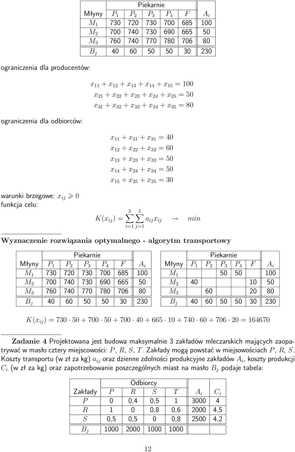 50 x 15 + x 25 + x 35 = 30 warunki brzegowe: x ij 0 funkcja celu: 3 5 K(x ij ) = a ij x ij min Wyznaczenie rozwiązania optymalnego - algorytm transportowy Młyny P 1 P 2 P 3 P 4 F A i M 1 730 720 730