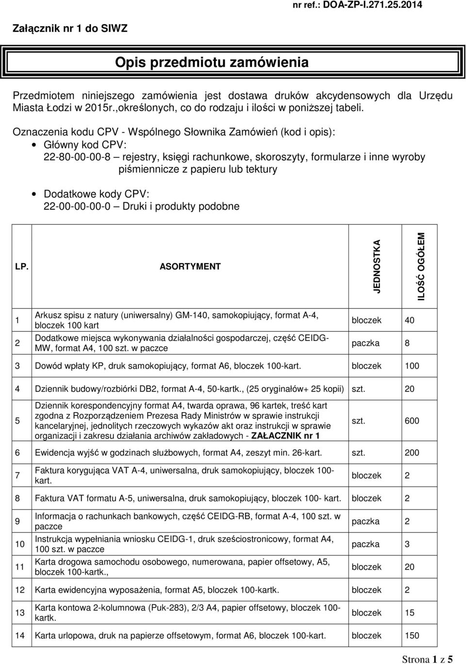 Oznaczenia kodu CPV - Wspólnego Słownika Zamówień (kod i opis): Główny kod CPV: 22-80-00-00-8 rejestry, księgi rachunkowe, skoroszyty, formularze i inne wyroby piśmiennicze z papieru lub tektury