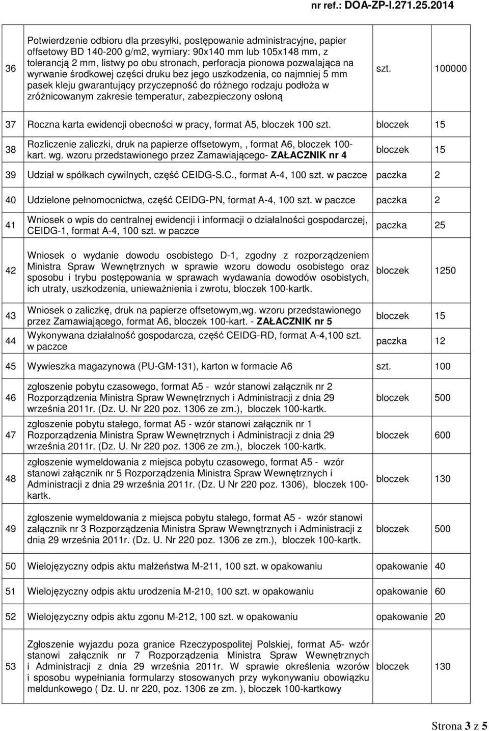 38 Rozliczenie zaliczki, druk na papierze offsetowym,, format A6, bloczek 100- kart. wg. wzoru przedstawionego przez Zamawiającego- ZAŁACZNIK nr 4 39 Udział w spółkach cywilnych, część CEIDG-S.C., format A-4, 100 szt.