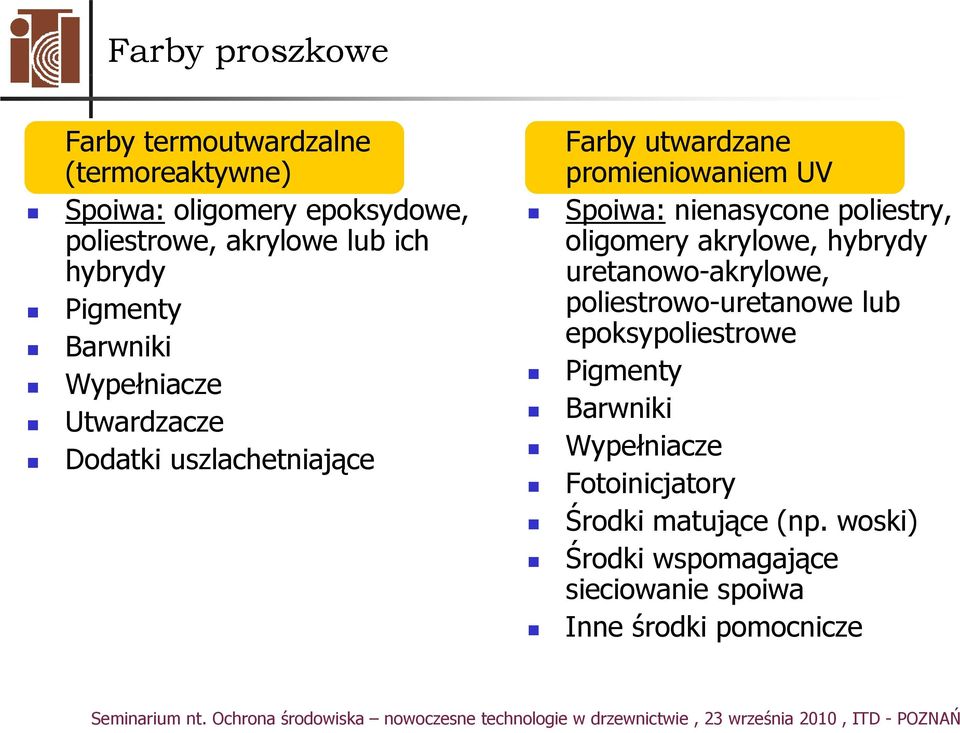 poliestry, oligomery akrylowe, hybrydy uretanowo-akrylowe, akrylowe poliestrowo-uretanowe lub epoksypoliestrowe Pigmenty