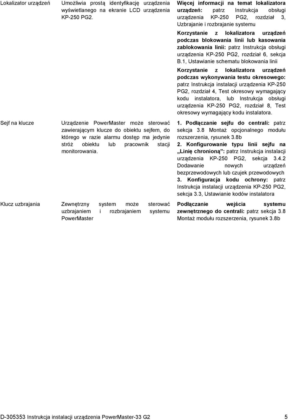 Klucz uzbrajania Zewnętrzny system może sterować uzbrajaniem i rozbrajaniem systemu PowerMaster Więcej informacji na temat lokalizatora urządzeń: patrz Instrukcja obsługi urządzenia KP-250 PG2,