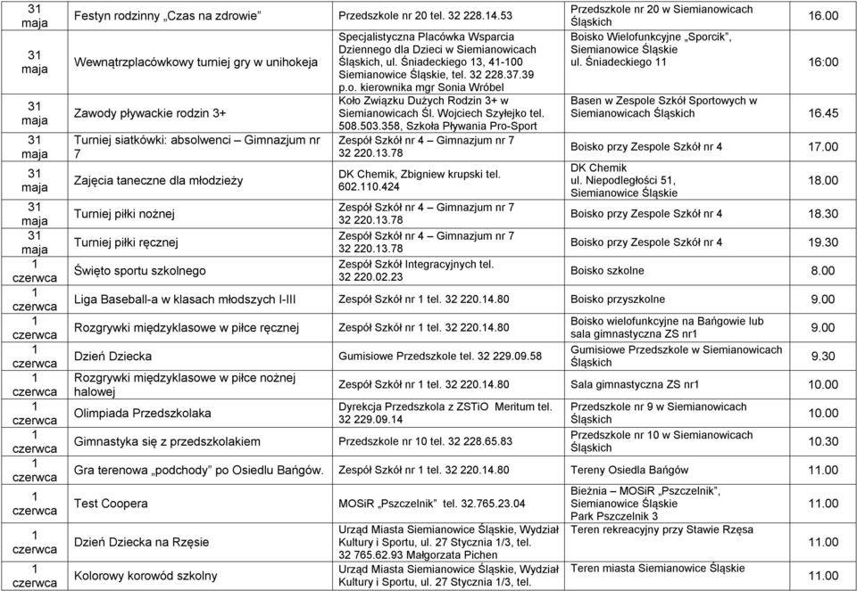 sportu szkolnego, ul. Śniadeckiego 3, 4-00, tel. 32 2.37.39 Koło Związku Dużych Rodzin 3+ w Siemianowicach Śl. Wojciech Szyłejko tel. 508.503.358, Szkoła Pływania Pro-Sport 32 220.3.78, Zbigniew krupski tel.